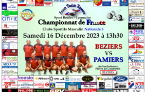 CHAMPIONNAT DE FRANCE Clubs Sportifs Masculins N3                   BEZIERS   VS   PAMIERS  au boulodrome Pierre de Coubertin